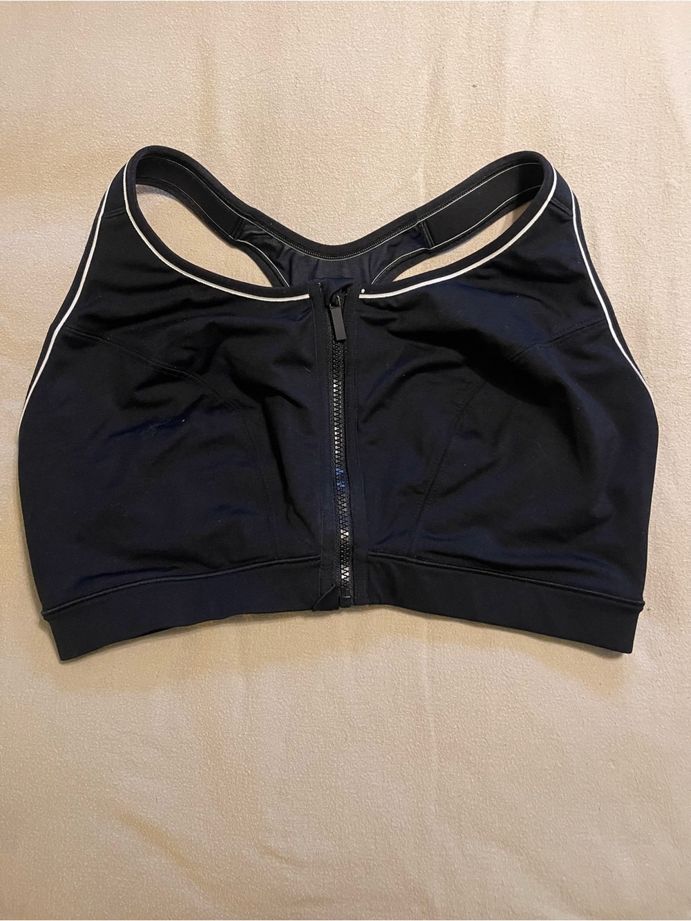 Livi Active 42F Black Front-Zip Racerback Sports Bra with White Piping